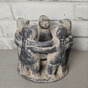 Vintage Mexican “Circle of Friends” Pottery Candle Holder 7” Folk Art